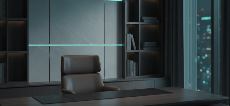 Modern executive home office with sleek dark wood desk, neon lit wall panel, and built-in bookshelves.