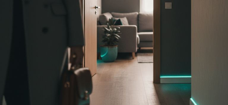 Modern home hallway with neon LED floor lighting strips and person walking towards a living room.