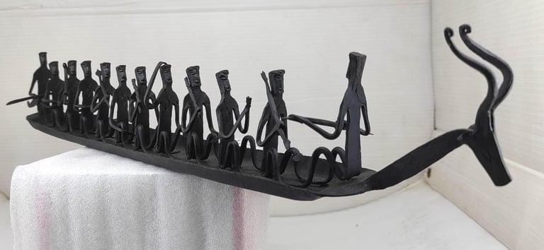 "Handcrafted Bastar Iron Boat Sculpture with Deer Head and 10 Tribal Figures – Right Side View-Suitable for export