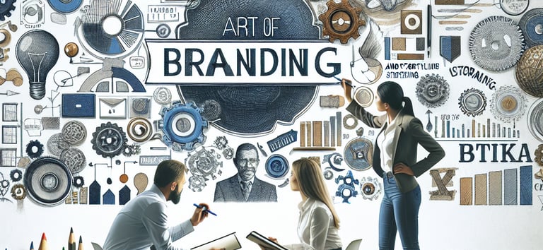 "An image depicting people sitting around a table discussing branding, surrounded by logos, color pa