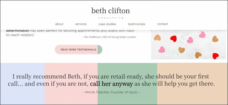 A section of Beth Clifton Consulting's webpage with different colour backgrounds of the same banner