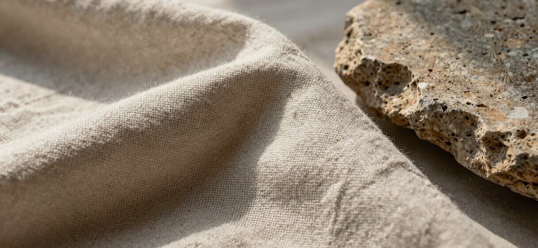 Extreme close-up of heavy linen fabric and textured stone under soft morning side light, emphasizing natural materials and high-end craft.