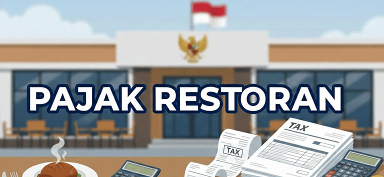 Illustration of Indonesian restaurant tax with receipts, calculator, and government building background
