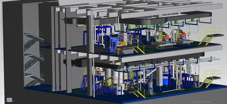 A 3D BIM model of an industrial facility showing detailed piping, machinery, and structural design for plant engineering.