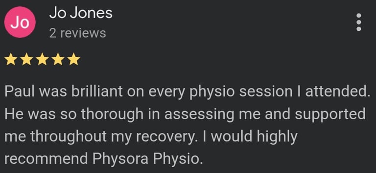 Physora Physio Google review for back pain physiotherapy in Neath