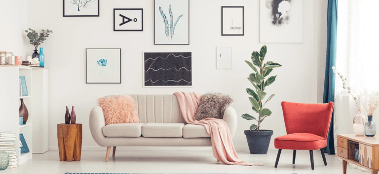a living room with a couch and a rug