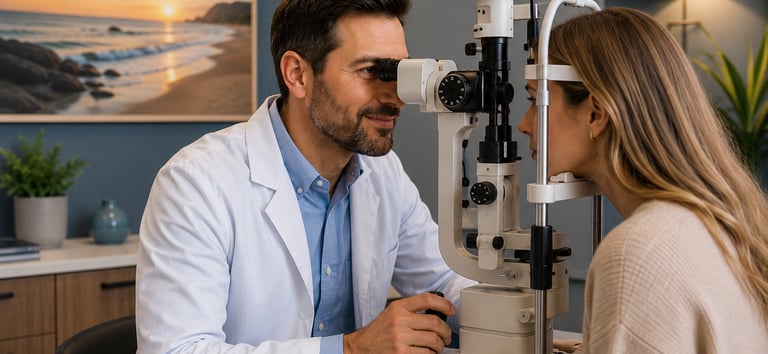 A happy physician performing an exam on a patient right after securing a customized insurance plan
