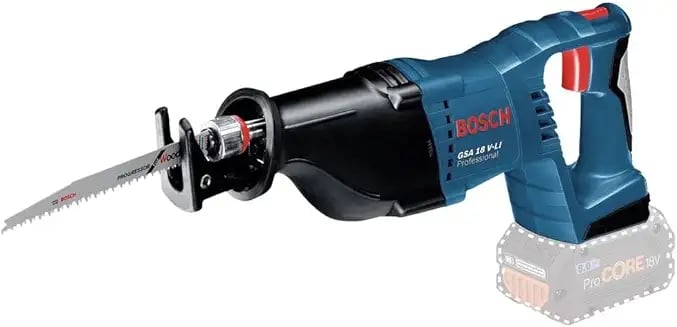 Bosch GSA 18 V-LI Professional cordless reciprocating saw with blade for wood cutting applications.