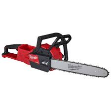 Red Milwaukee M18 FUEL cordless electric chainsaw on a white background.