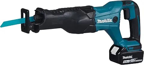 Makita 18V LXT cordless reciprocating saw with battery pack for heavy-duty demolition cutting.