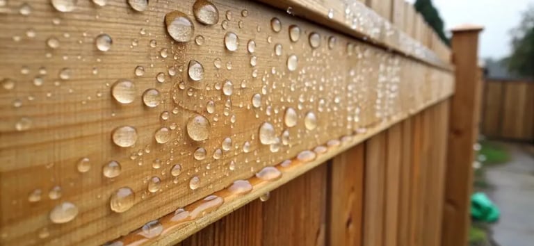 Water beading on a freshly sealed wood fence demonstrating high-quality waterproof protection.