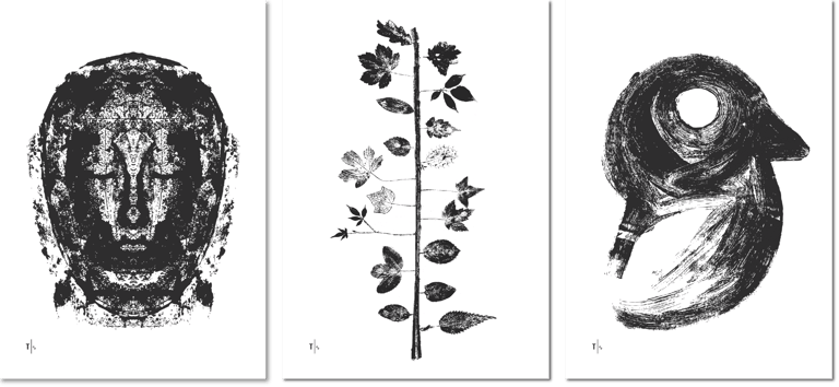 Trauerkarten mit Totenmaseke, künstlerischem Baum aus Blattabdrücken und grob gemaltem Vogel