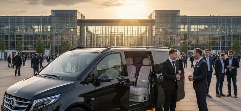 Exklusiver VIP-Shuttleservice Berlin: Chauffeur mit einem VIP-Kunden vor einem Eventzentrum.