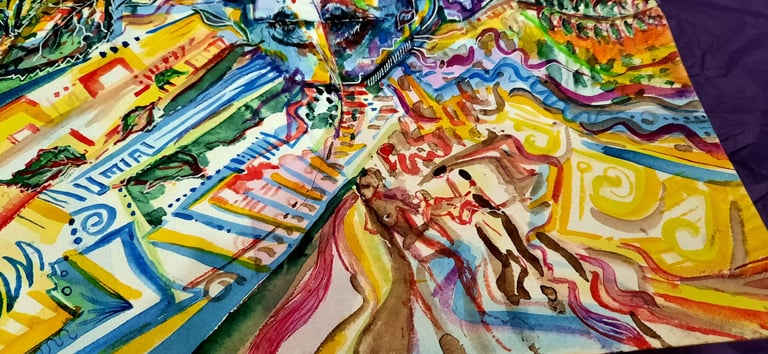 détails d'une aquarelle aux couleursvoves entre abstrait et figuratif, nature, végétation, eau, corps et visage