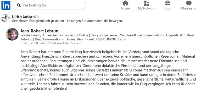 LinkedIn recommendation for Jean-Robert Lebrun, private French tutor working in Brussels & Online