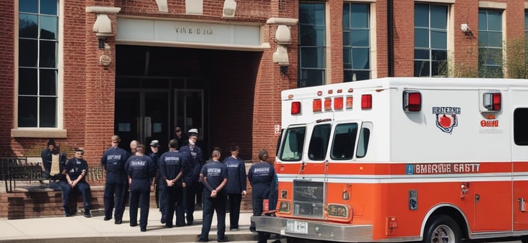 An ambulance with EMTs standing outside of it while it is parked on a college campus