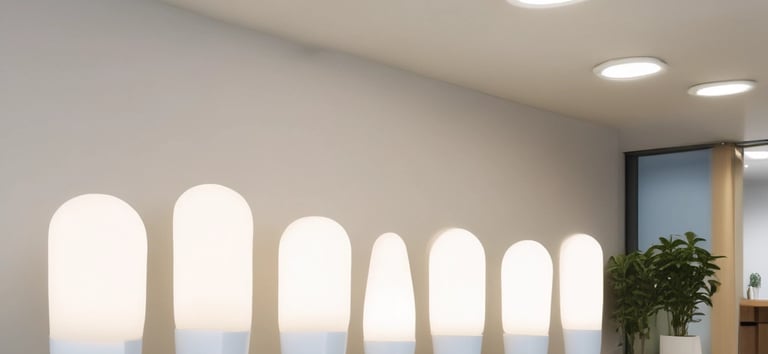 Close-up of a sleek, warm-glow LED bulb illuminating a modern living room.