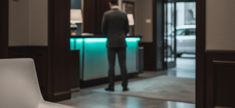 A businessman checking in at a luxury hotel front desk with a modern teal illuminated counter.