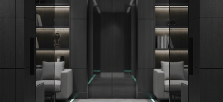 Modern luxury office interior with black wood panels, neon floor lighting, and glass doors.