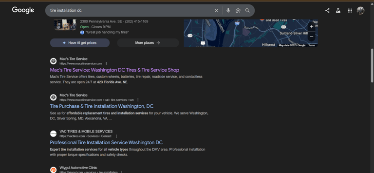 Vac tires  ranking first for tire installation service in DC services