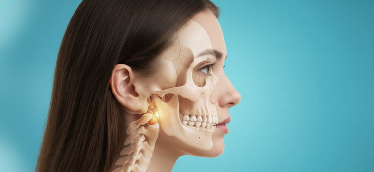 Ilustración lateral de la cabeza de una mujer con una superposición del cráneo y columna vertebral