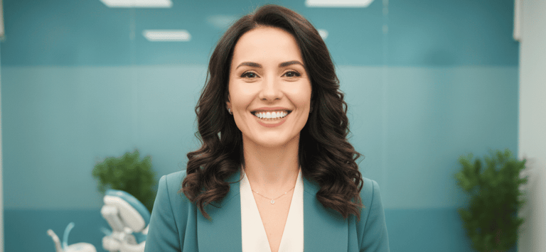 Una mujer sonríe amistosamente a la cámara, vestida con un blazer turquesa y una blusa blanca