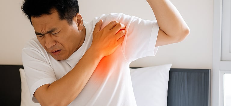 Illustration explaining adhesive capsulitis and reduced shoulder mobility