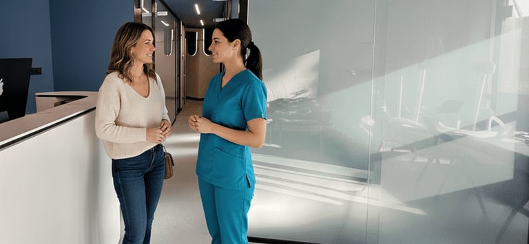 Una paciente y una odontóloga conversando amistosamente en la recepción de una clínica moderna