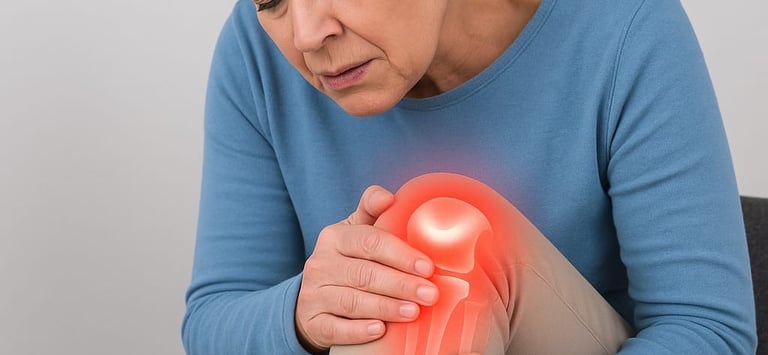 Person holding stiff and painful knee caused by osteoarthritis.