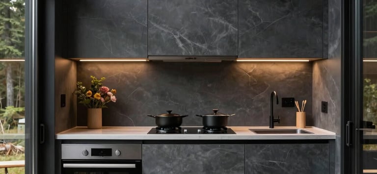 Interior view of a modular lodge showing a compact, high-tech kitchen. Minimalist design in slate muted colors. Large window looking out at evergreen trees. Professional photography.