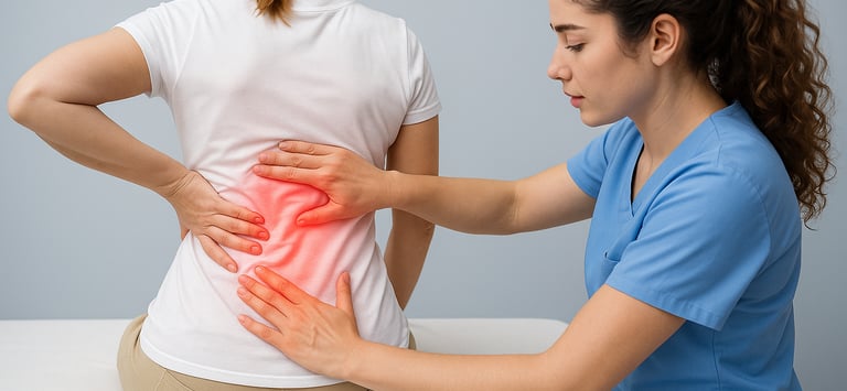 Diagram explaining spinal disc bulge causing lower back pain.