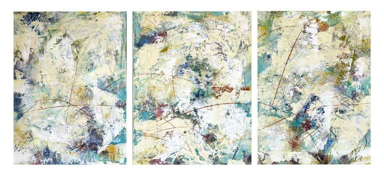 A three-panel triptych of abstract oil paintings featuring expressive brushstrokes in blue, white, and yellow.