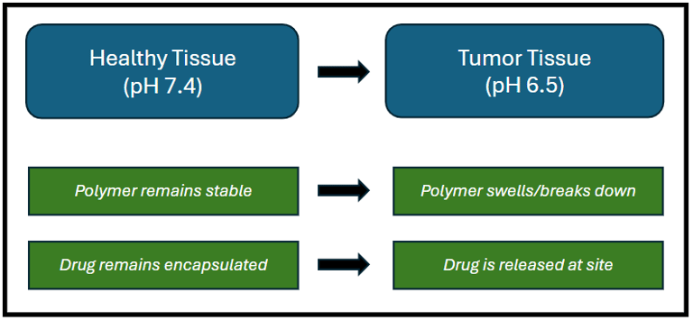 Mechanism of a pH responsive drug delivery smart polymer.