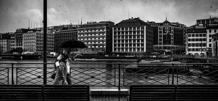 a couple of people walking down a bridge over a river in the city of Geneva