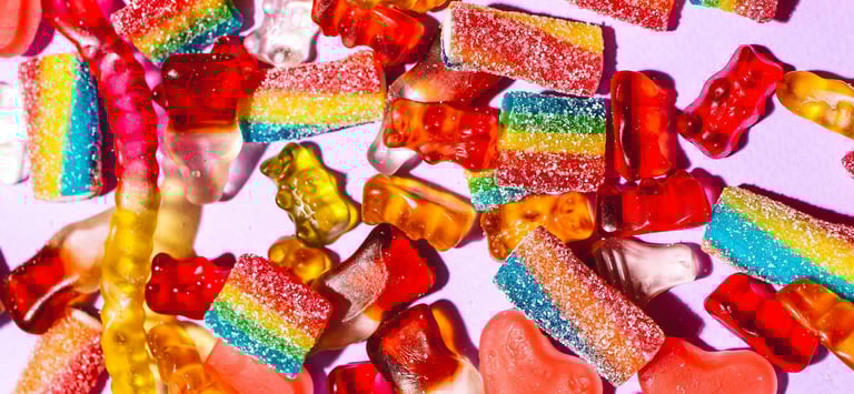 Close-up of assorted gummy candies, featured in film production