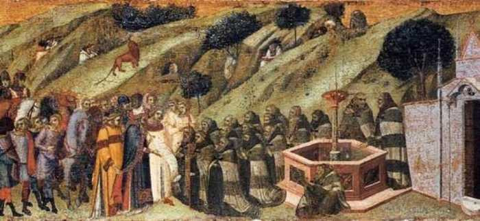 Saint Albert of Jerusalem presents the Rule to the Carmelites.