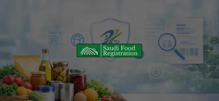 SFDA country of origin compliance background with packaged food products & regulatory verification elements.