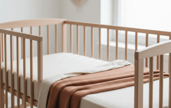 Veilig en kort opgemaakt babybedje met biologisch beddengoed in beige en terracotta