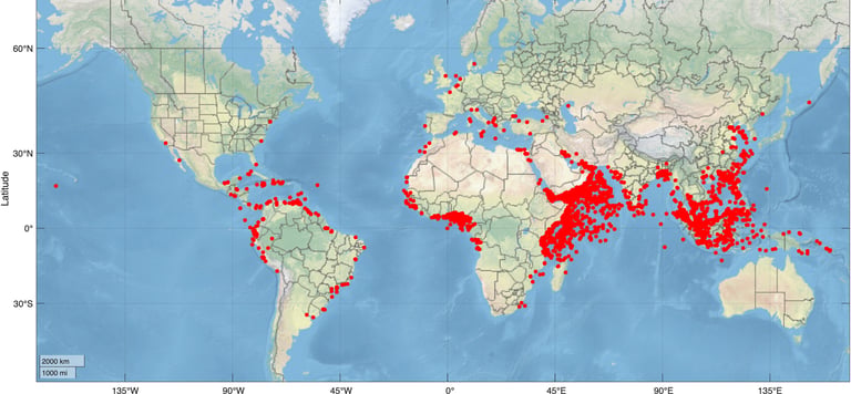 Map of modern piracy hotspots and attack zones
