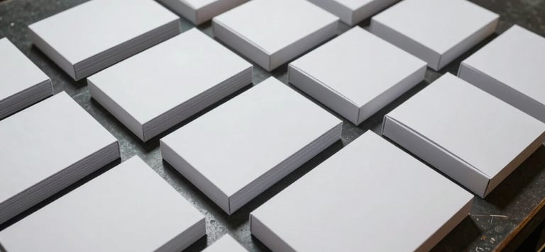 A grid of finished white-label boxes and booklets arranged neatly on a dark industrial surface under sharp, high-contrast studio lighting, highlighting clean technical borders and precise booklet geometry.