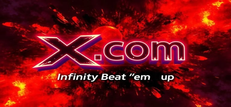 a red and black logo with the word x.com infinity beat 'em up