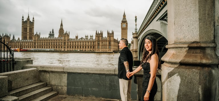 Couple by the River Thames with Westminster view, captured by Fred Art Studio.