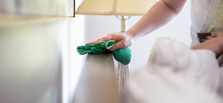 a woman cleaning a bed with a green cloth