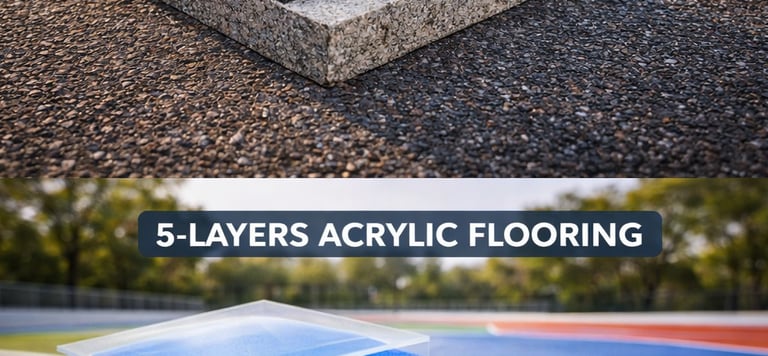 A cross-section diagram showing 8-layer and 5-layer acrylic flooring systems for outdoor sports courts.
