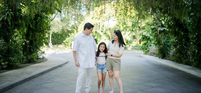 Family strolling through a tropical garden pathway during a family photography session at InterContinental Bali Resort