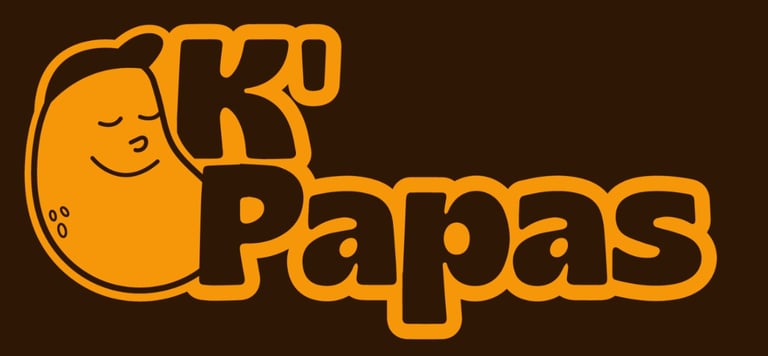 K' Papas logo featuring an orange potato character with a smiling face on a brown background.
