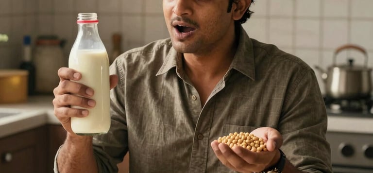 Surprised man comparing cost of soy milk and soybeans for budget-friendly vegan dairy alternatives.