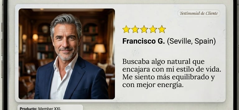 Opinión real de usuario sobre suplemento de bienestar masculino en formato captura de pantalla móvil