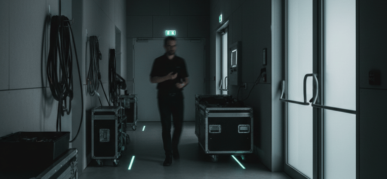 A man walks through a dimly lit backstage corridor with flight cases and neon safety lighting.
