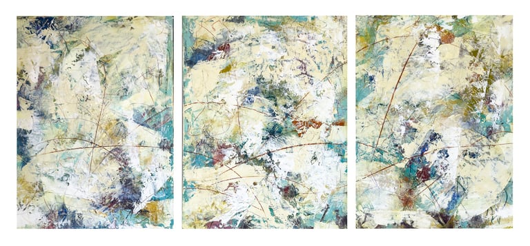 Three-panel abstract triptych wall art featuring expressive brushstrokes in blue, cream, and earth tones.